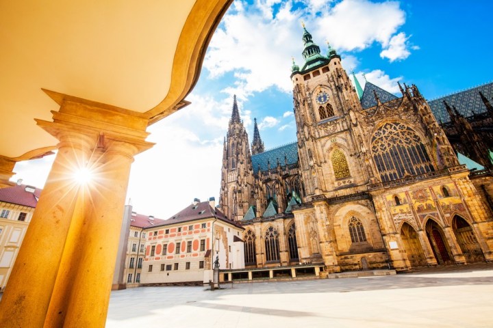 Panoramic view of St. Vitus Cathedral in Prague, Czech Republic. Wide-angle photo