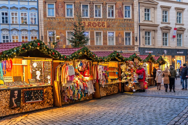 wooden stands with local souvenirs during the Christmas markets in Prague