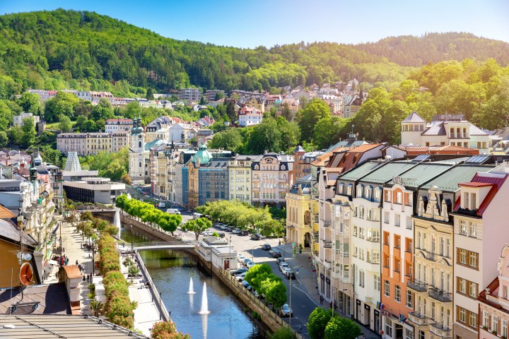 a view of the river in Karlovy Vary and the surrounding city center