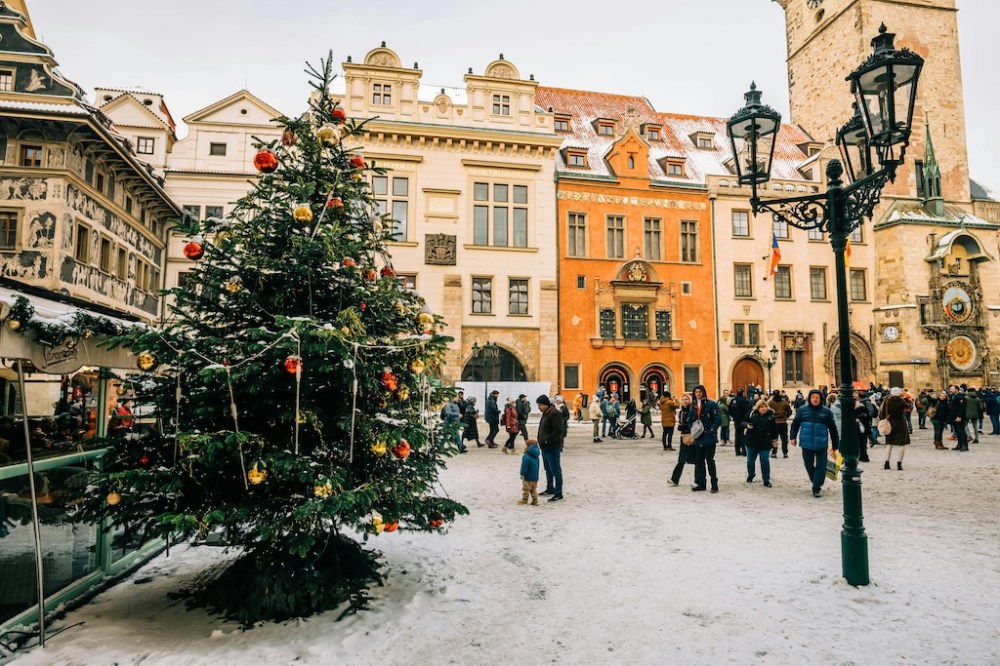 a view of the Christmas tree in the Old Town of Prague with the Old Town Hall tower in the beackground