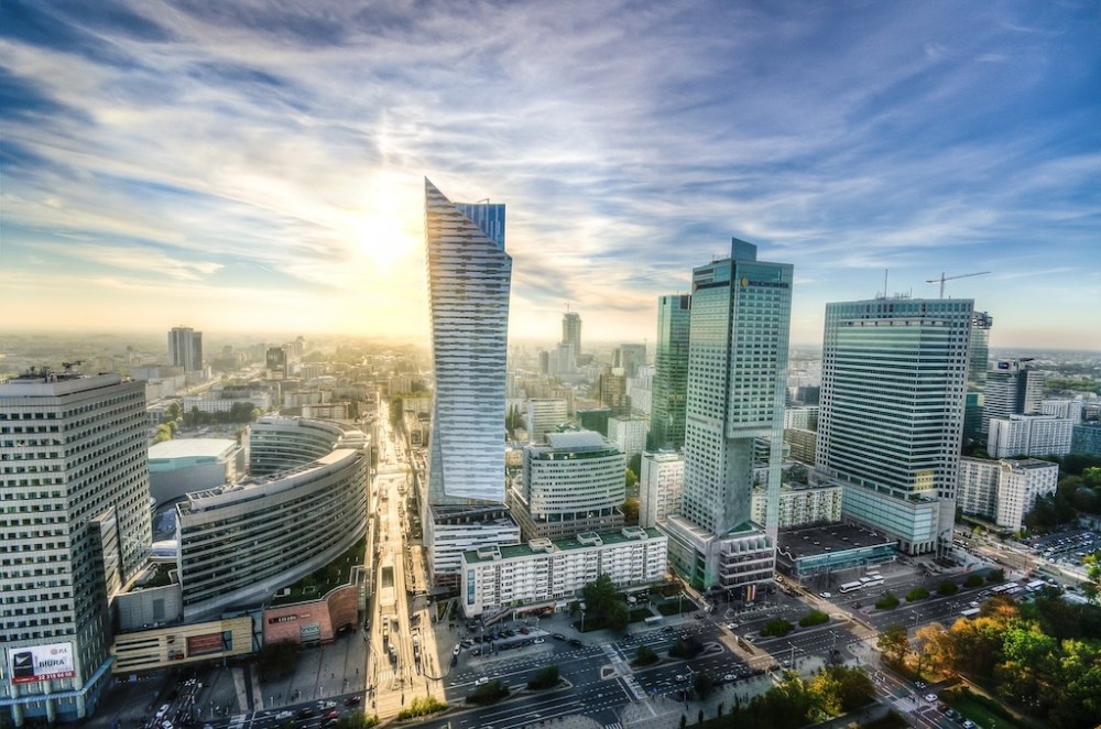 a panoramic picture of the skyline in the modern part of Warsaw