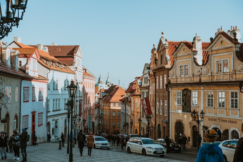 looking down Nerudova Street in the Lesser Town of Prague, the so-called Royal Way of ancient kings, with picturesque architecture consisting of baroque facades