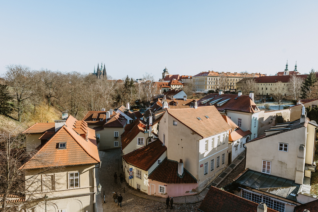 an view of Prague's New World neighbourhood from above, located in the Hradcany district near the Prague Castle