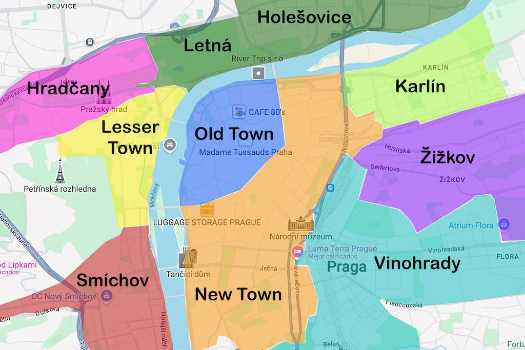 A map of Prague with each neighbourhood discussed in this article highlighted in a different color.