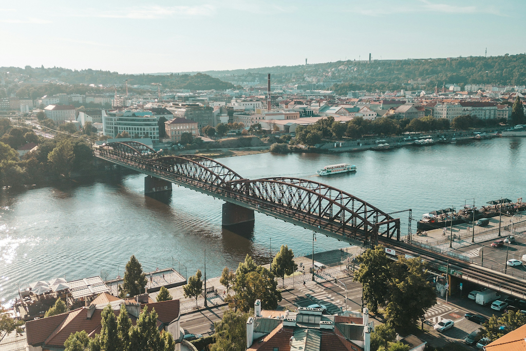 a railway bridge over the Vltava River leading from New Town into the Smichov neighbourhood