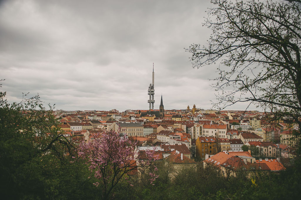 a panoramic view of the Zizkov neighbourhood in Prague with the TV Tower sticking out from a body of buildings